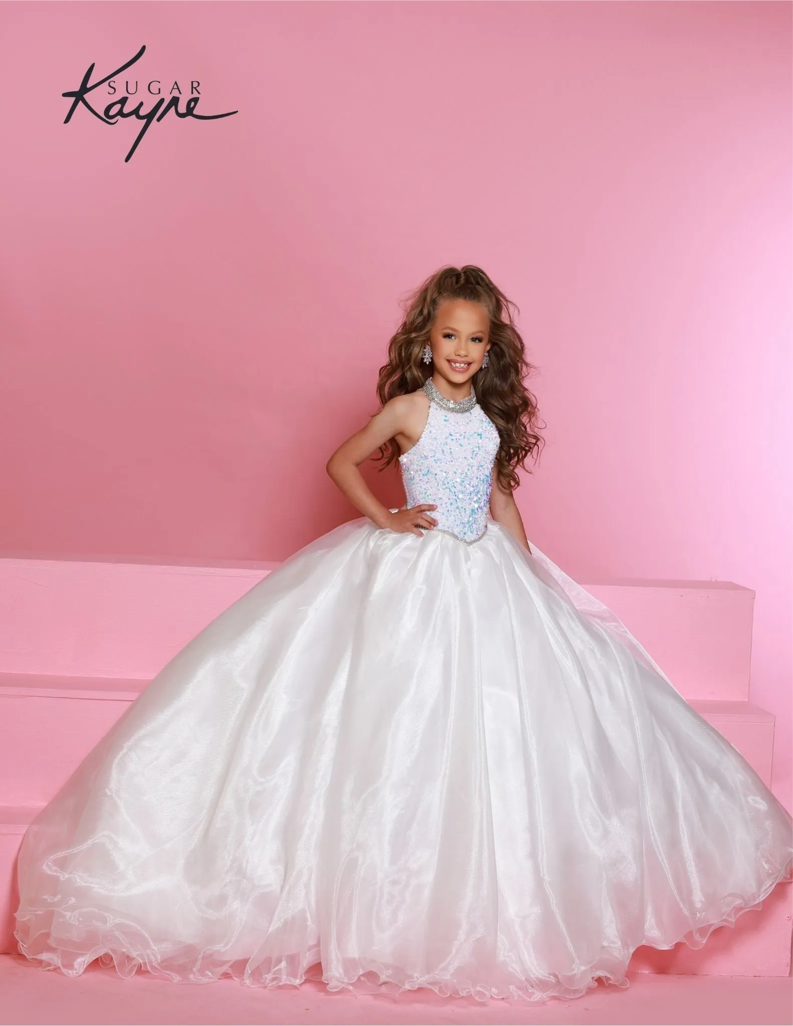 Sugar Kayne C302 Sequin velvet girls ballgown shimmer pageant dress high neck
