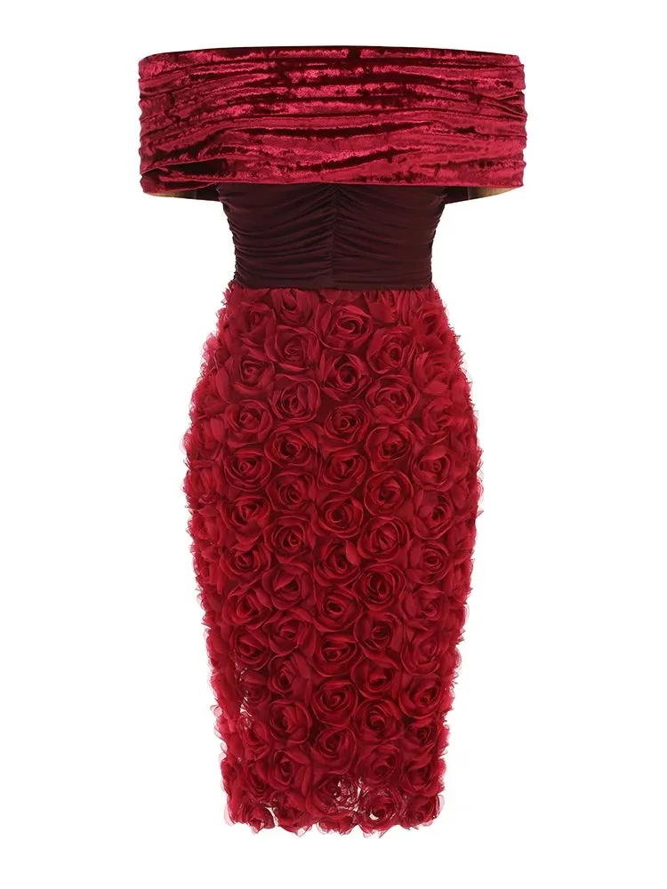 Trend4us Luxe Velvet Off-Shoulder Rose Appliqué Dress