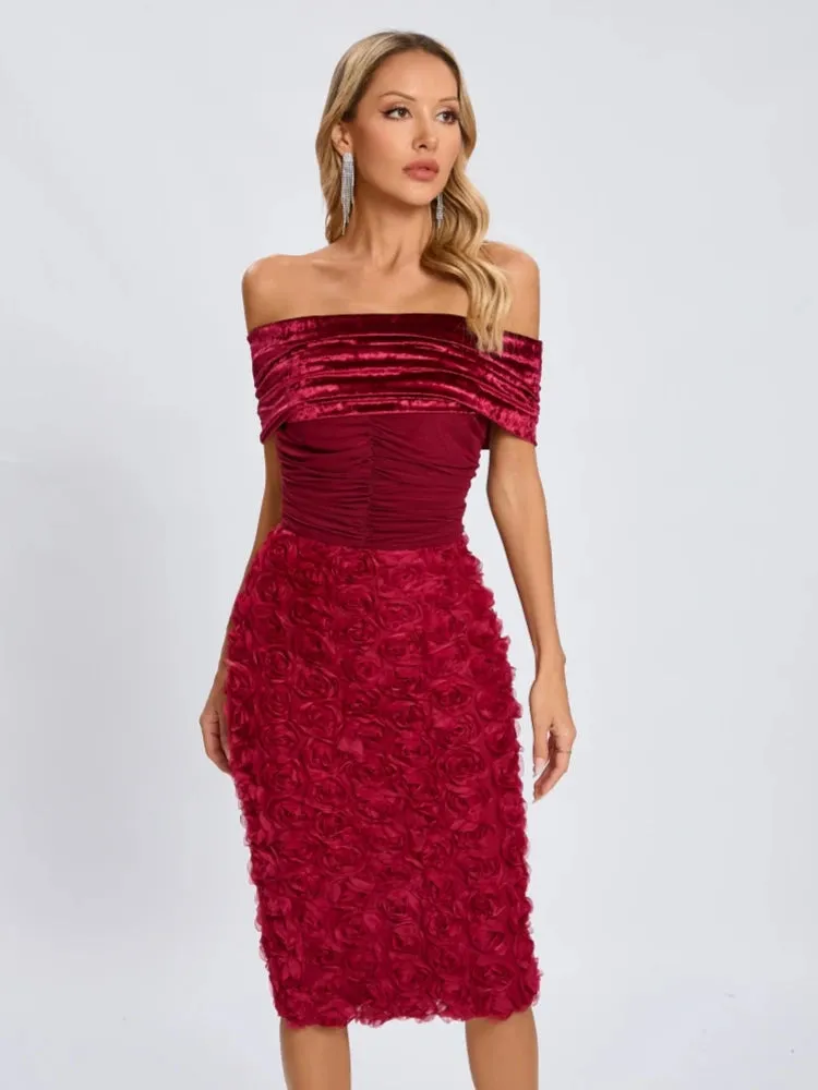 Trend4us Luxe Velvet Off-Shoulder Rose Appliqué Dress