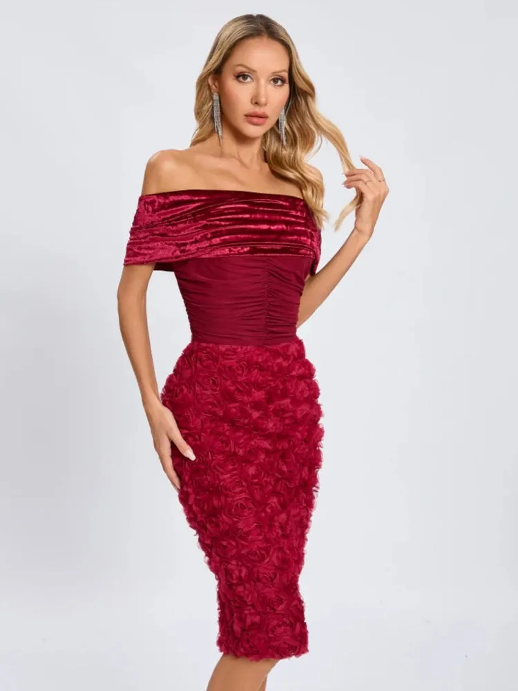 Trend4us Luxe Velvet Off-Shoulder Rose Appliqué Dress