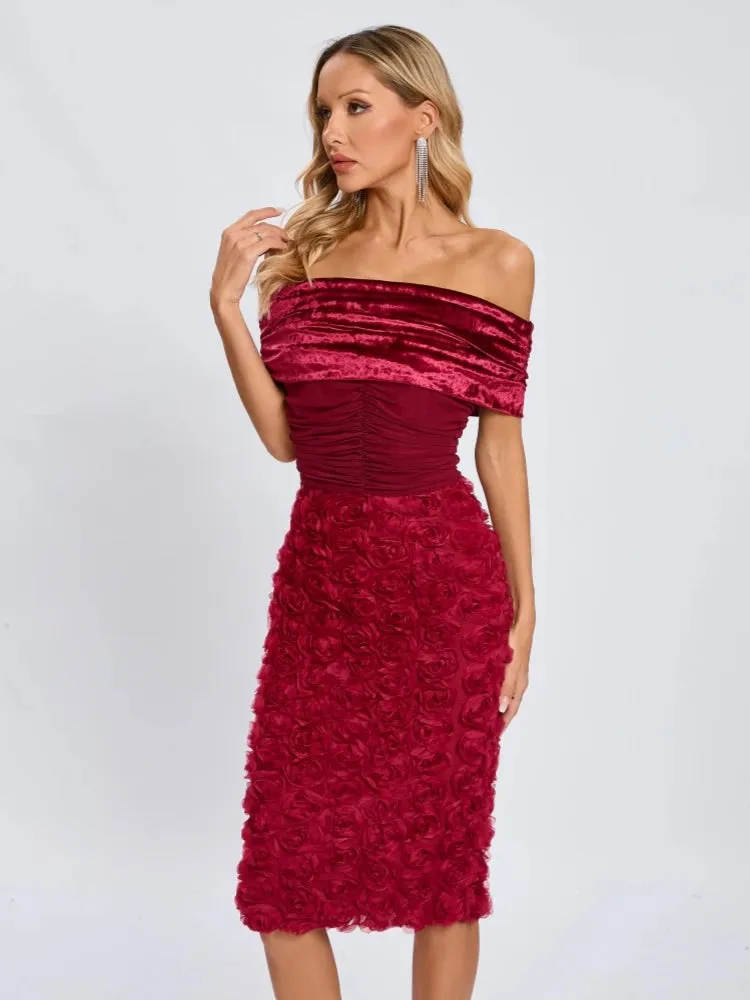 Trend4us Luxe Velvet Off-Shoulder Rose Appliqué Dress