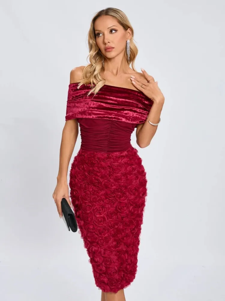 Trend4us Luxe Velvet Off-Shoulder Rose Appliqué Dress