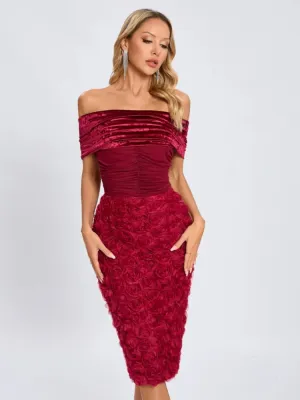 Trend4us Luxe Velvet Off-Shoulder Rose Appliqué Dress