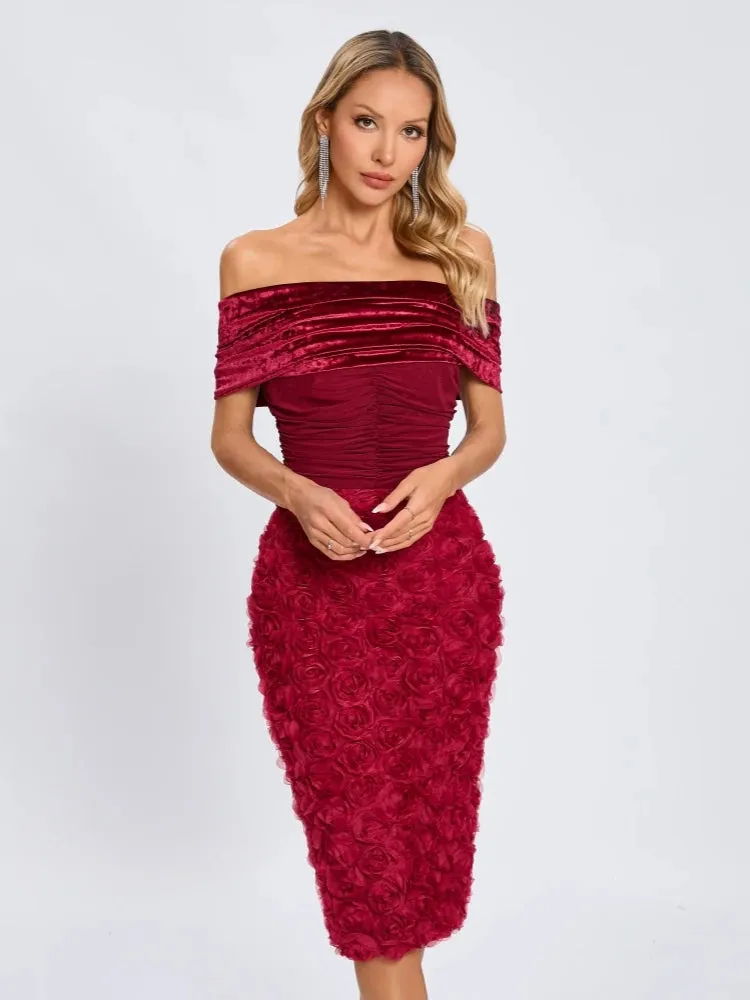 Trend4us Luxe Velvet Off-Shoulder Rose Appliqué Dress