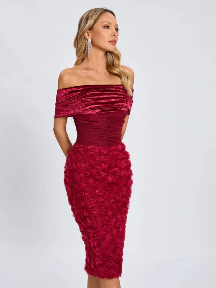 Trend4us Luxe Velvet Off-Shoulder Rose Appliqué Dress