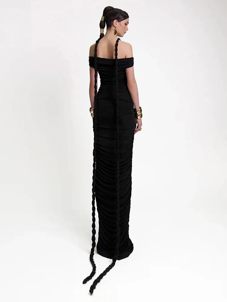 Trend4us Women's Braided Strap Off-Shoulder Ruched Maxi Dress
