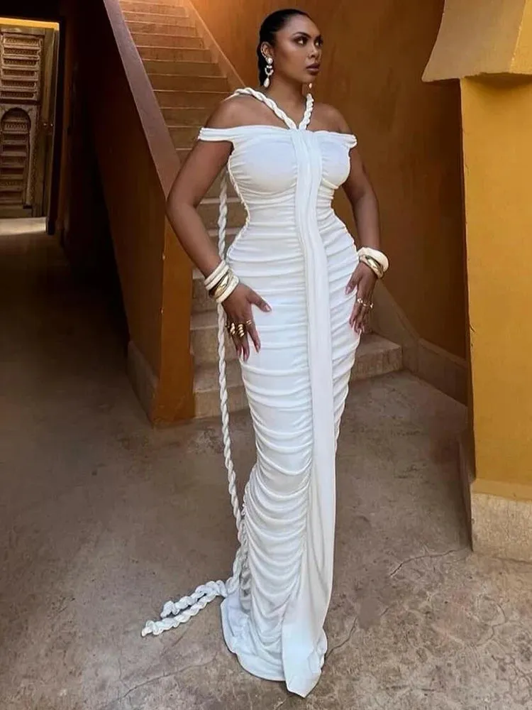 Trend4us Women's Braided Strap Off-Shoulder Ruched Maxi Dress