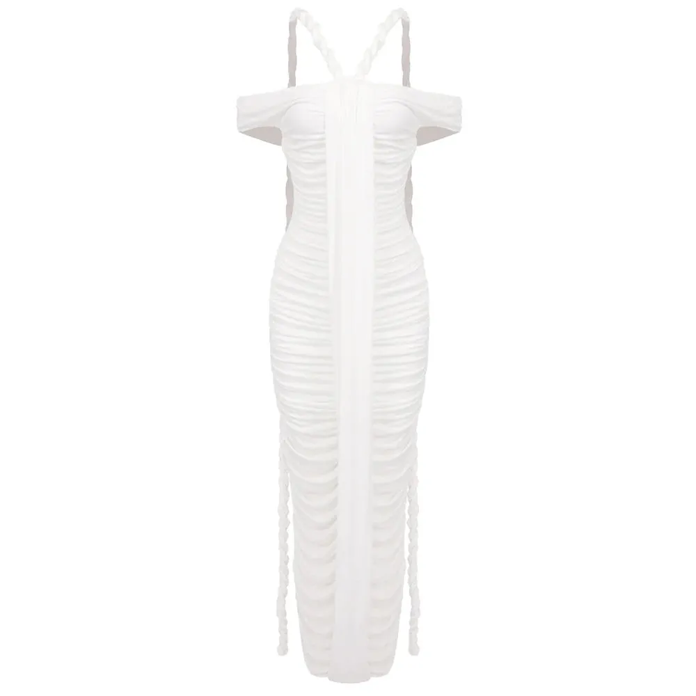 Trend4us Women's Braided Strap Off-Shoulder Ruched Maxi Dress