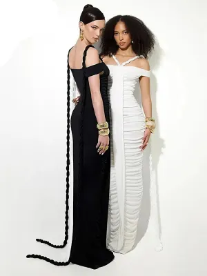 Trend4us Women's Braided Strap Off-Shoulder Ruched Maxi Dress