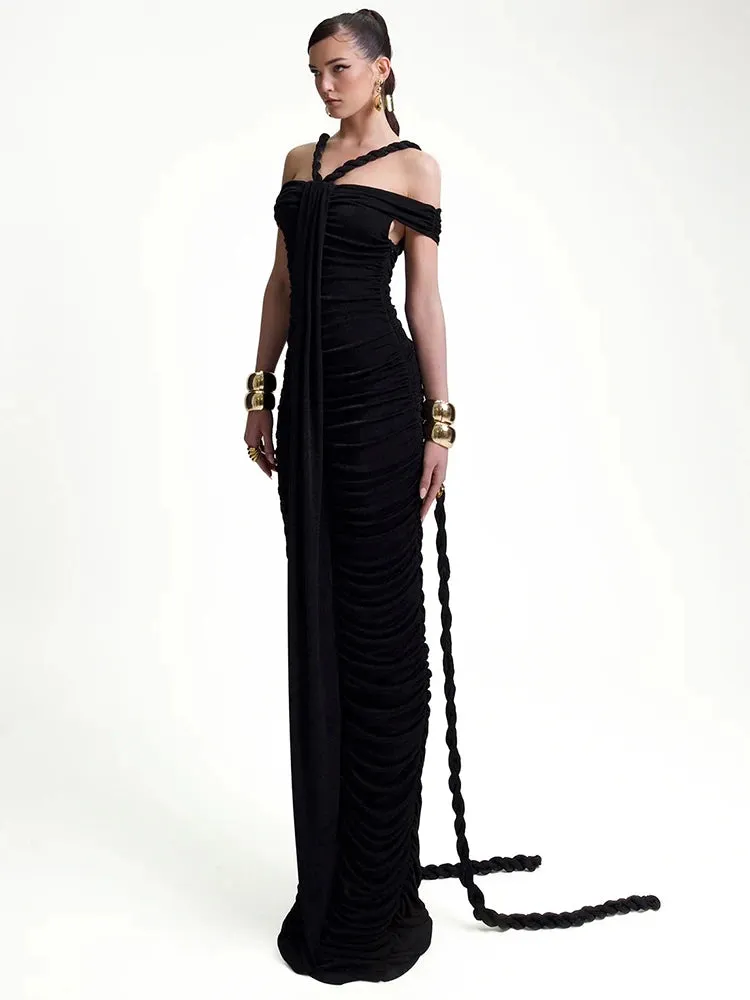Trend4us Women's Braided Strap Off-Shoulder Ruched Maxi Dress