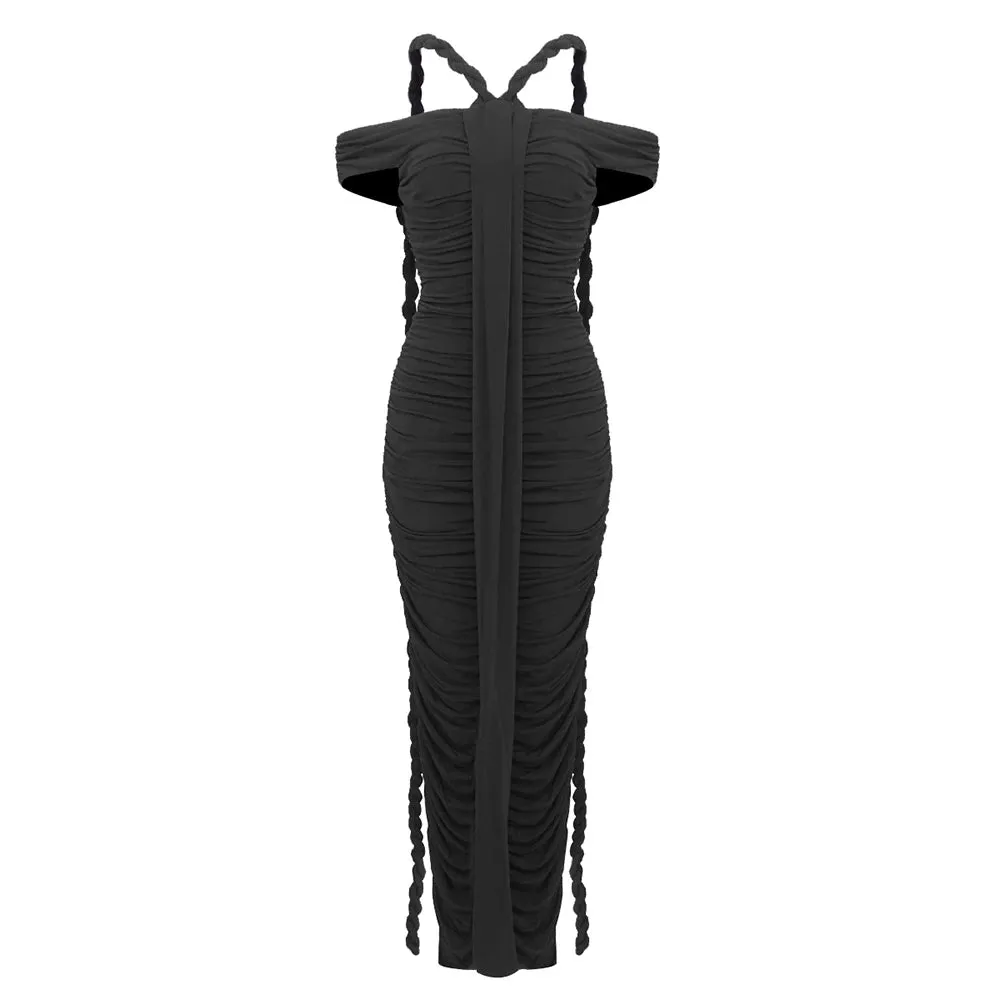 Trend4us Women's Braided Strap Off-Shoulder Ruched Maxi Dress