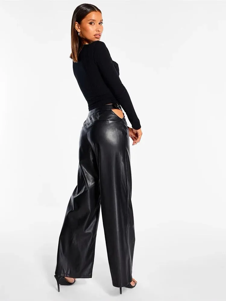 Trend4us Women’s High-Waisted Wide-Leg Faux Leather Pants
