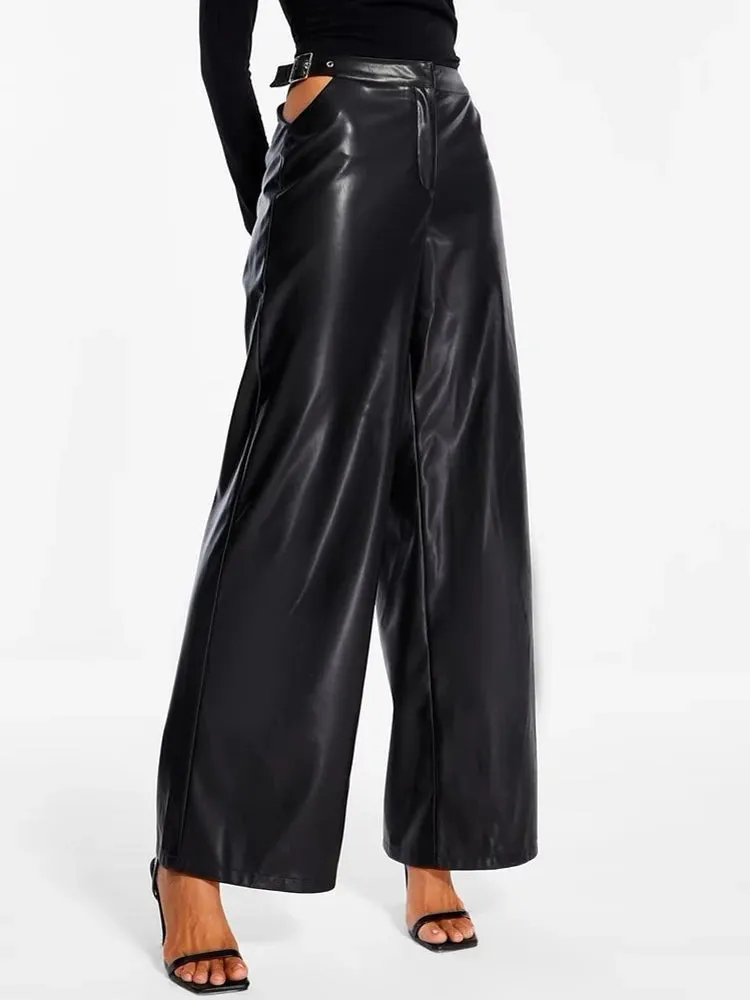 Trend4us Women’s High-Waisted Wide-Leg Faux Leather Pants
