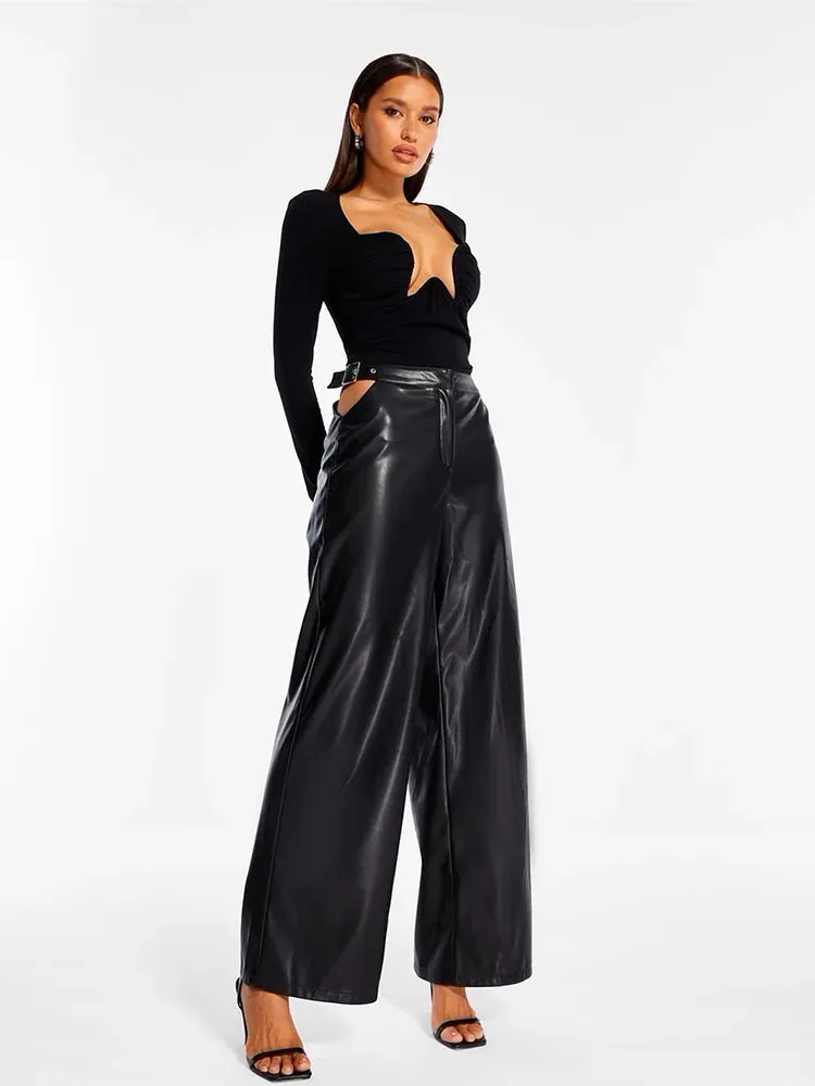 Trend4us Women’s High-Waisted Wide-Leg Faux Leather Pants