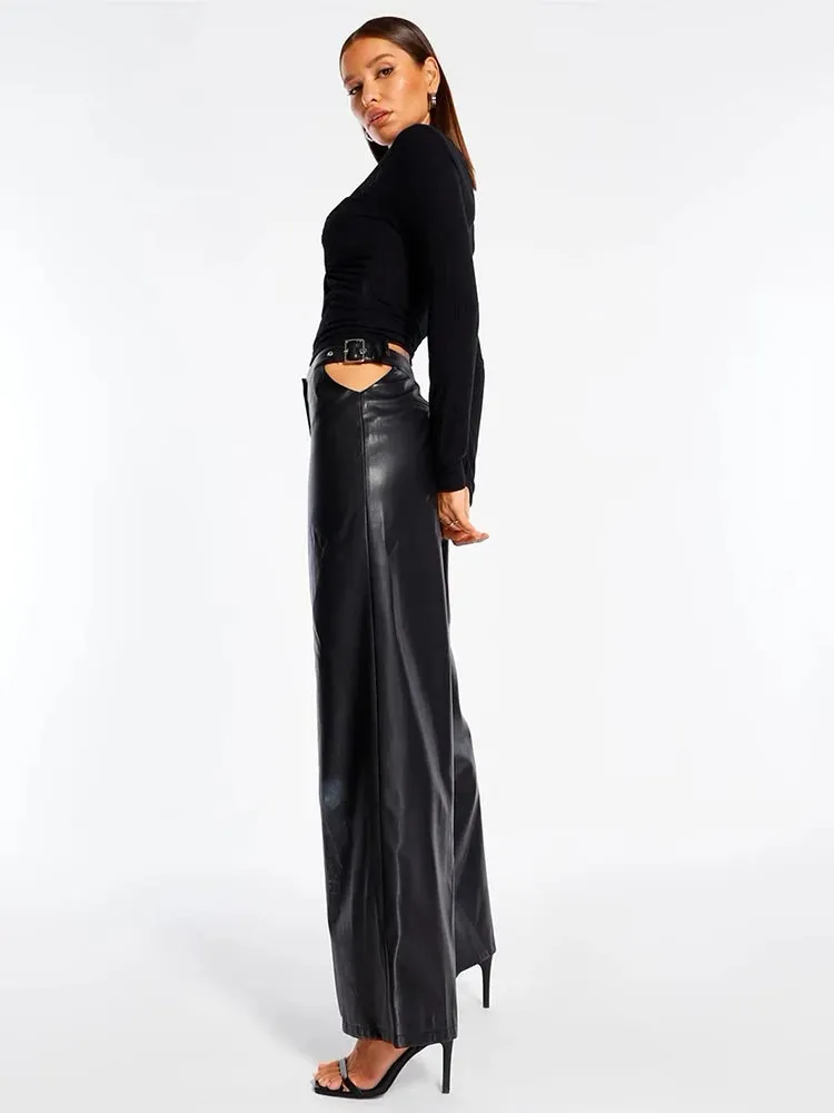 Trend4us Women’s High-Waisted Wide-Leg Faux Leather Pants