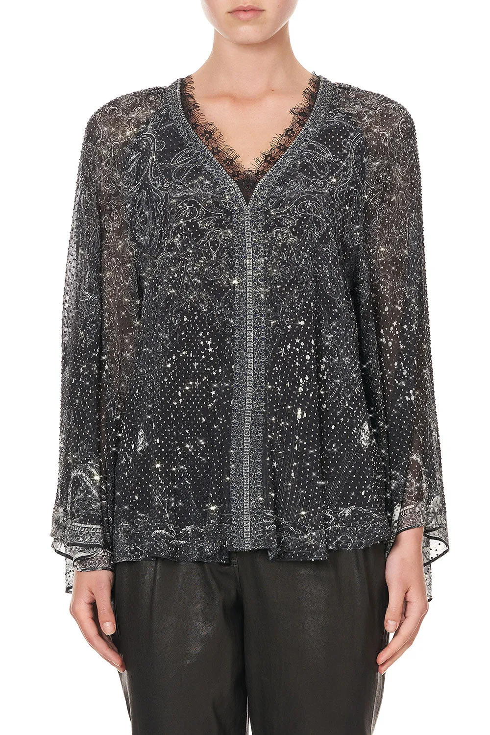 V NECK BLOUSE WITH NECKBAND MIDNIGHT PEARL