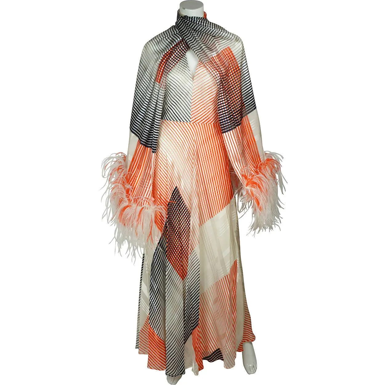Vintage 1970s Silk Evening Gown with Matching Stole Halter Style Dress Size M