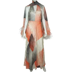 Vintage 1970s Silk Evening Gown with Matching Stole Halter Style Dress Size M