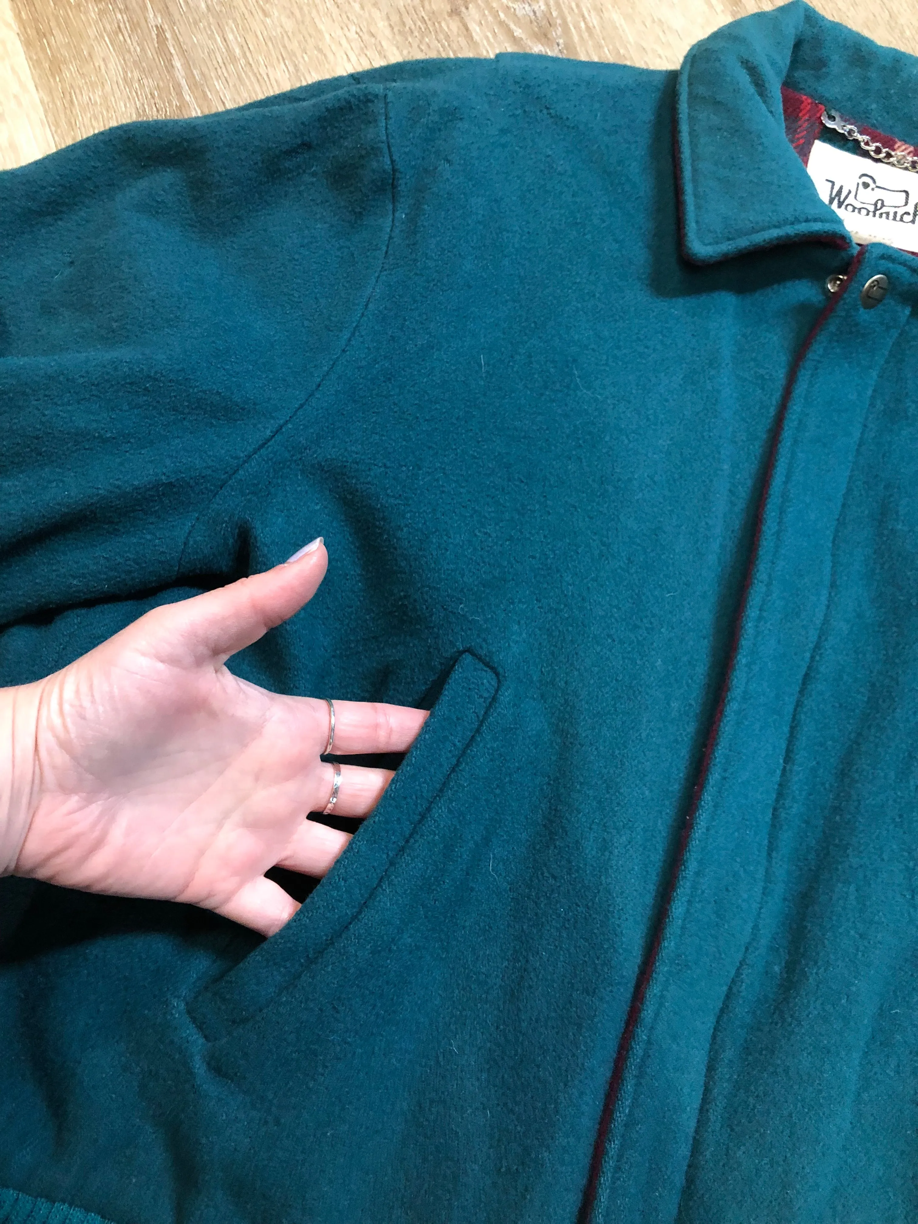 Vintage Woolrich Wool Teal Bomber Jacket, Made in USA