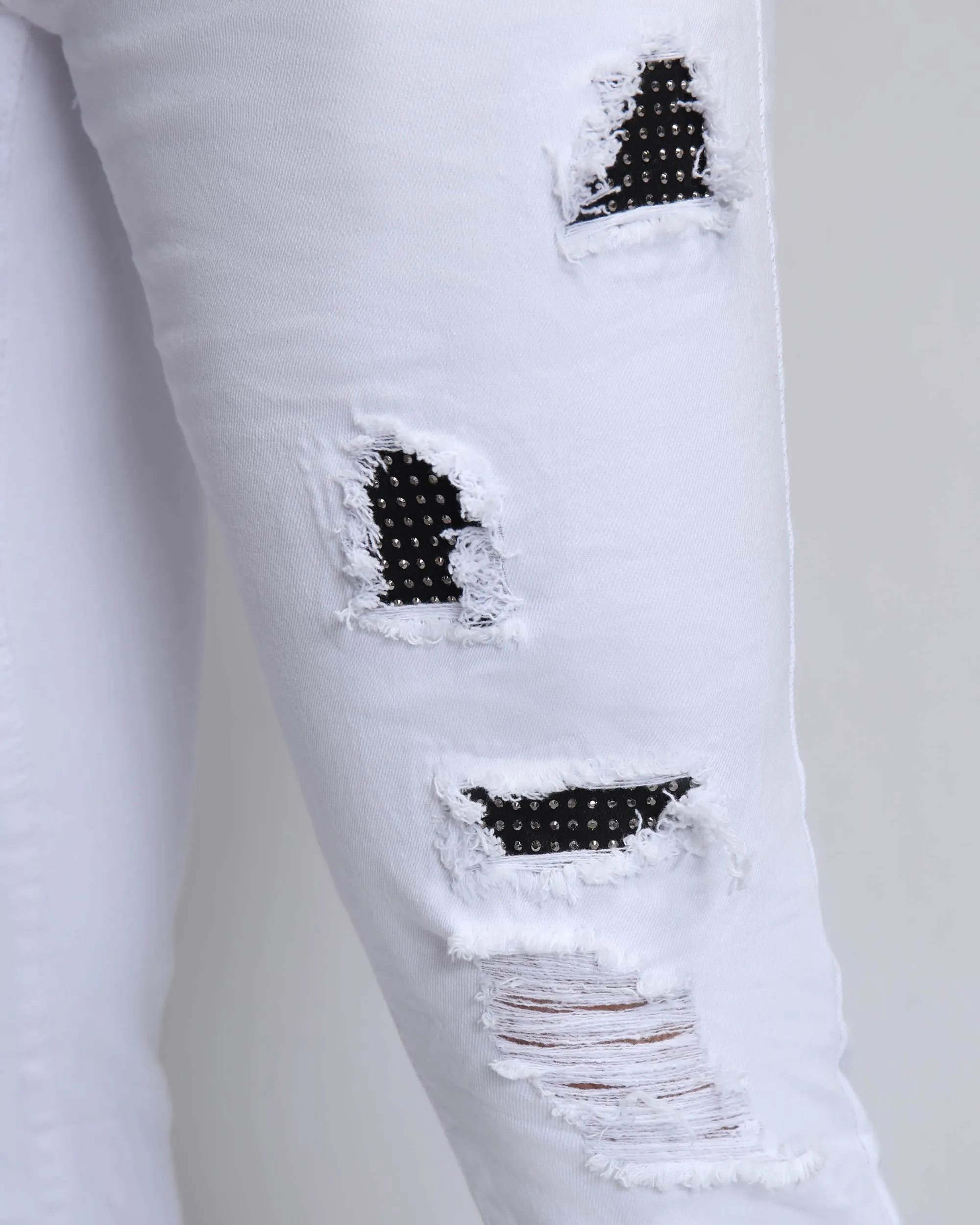 White Ripped Jeans with Dimond Patch