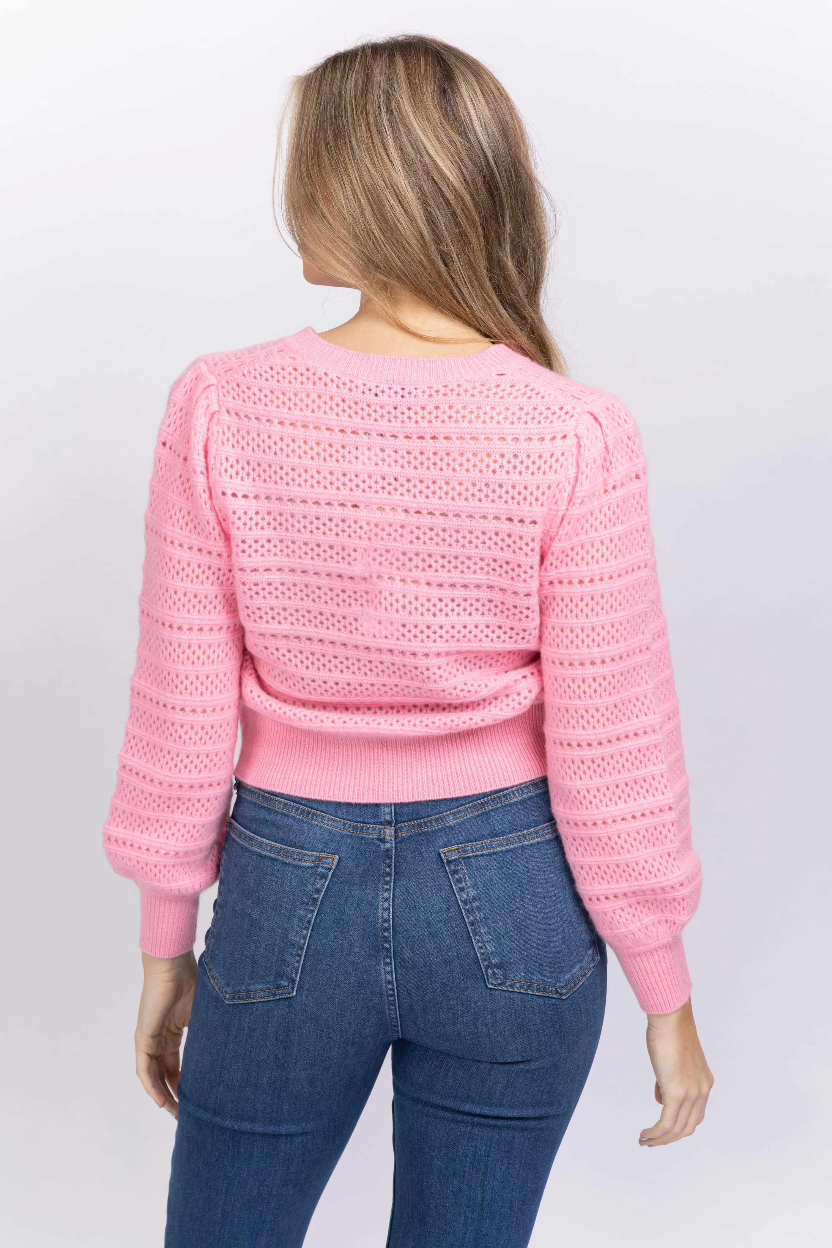 White   Warren Striped Cashmere Crewneck Cardigan Pink Buds