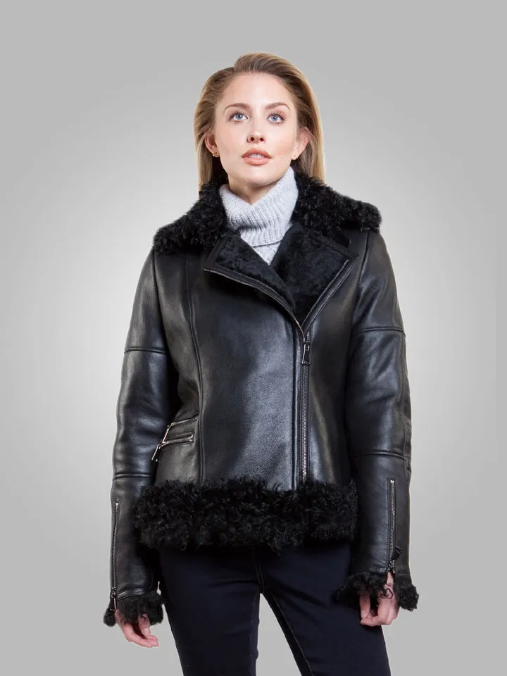 Women’s Black Leather Black Shearling Big Collared Jacket
